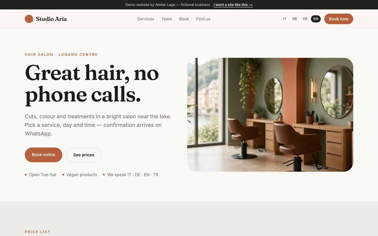 Booking page · Studio Aria